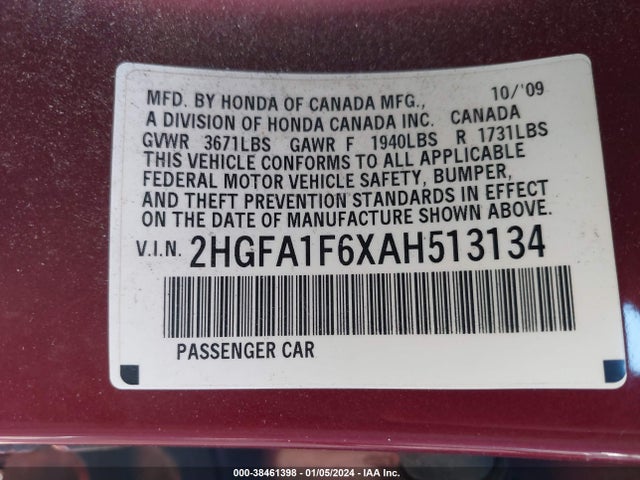 2010 HONDA CIVIC LX-S VIN: 2HGFA1F6XAH513134