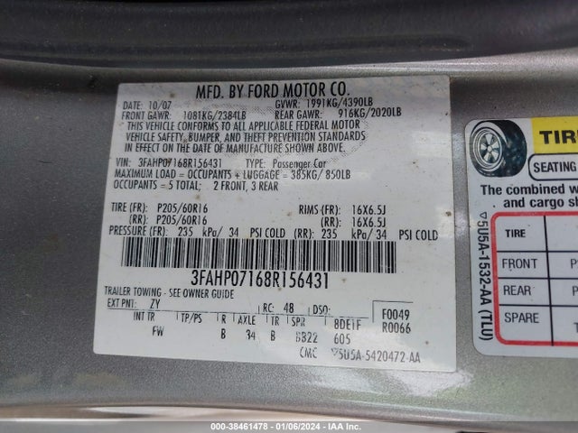2008 FORD FUSION SE VIN: 3FAHP07168R156431