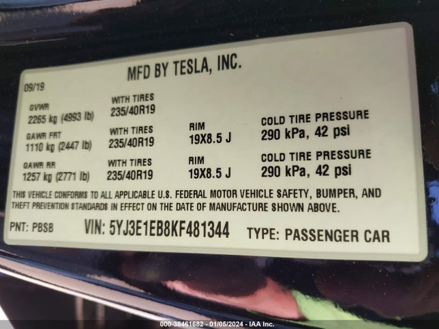 5YJ3E1EB8KF481344 Tesla Model 3 Long Range/performance