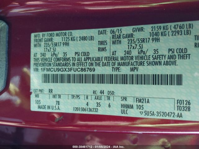1FMCU9GX3FUC86769 Ford ESCAPE SE