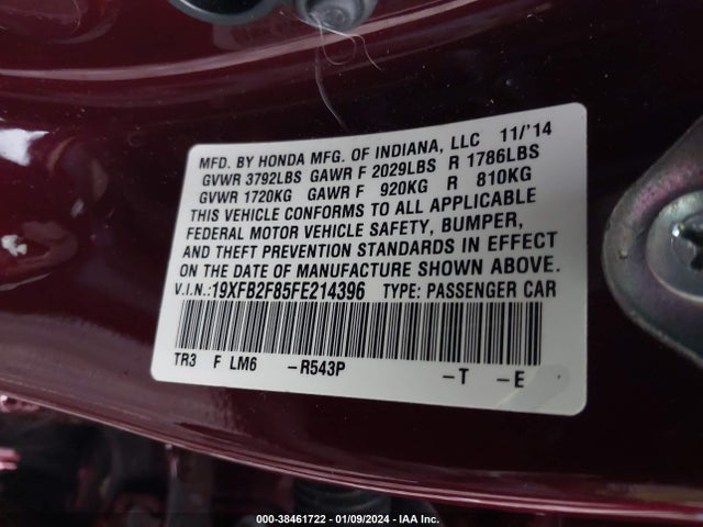 2015 HONDA CIVIC EX VIN: 19XFB2F85FE214396