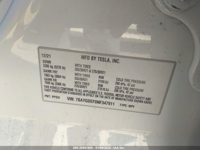 2022 TESLA MODEL Y PERFORMANCE DUAL MOTOR ALL-WHEEL DRIVE VIN: 7SAYGDEF0NF347911