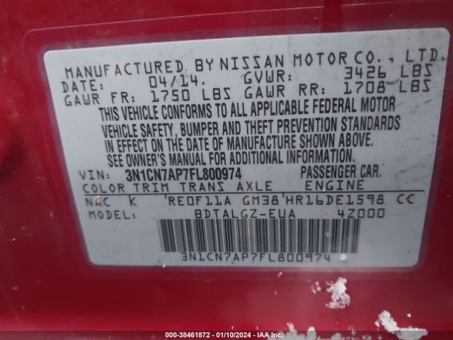 3N1CN7AP7FL800974 Nissan Versa 1.6 Sl