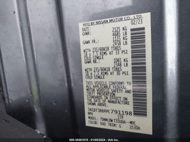 5N1BT3BB4PC791198 Nissan Rogue Sv Intelligent Awd