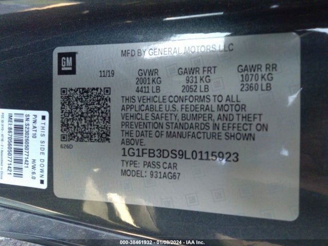 Chevrolet Camaro Rwd  1lt 2020 1G1FB3DS9L0115923 Image 9