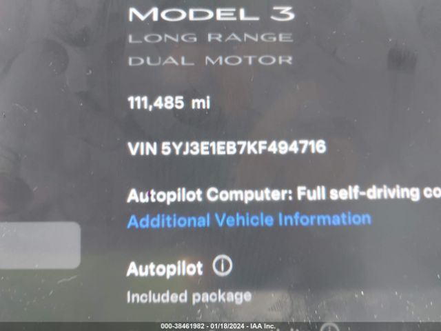 5YJ3E1EB7KF494716 Tesla Model 3 Long Range/performance