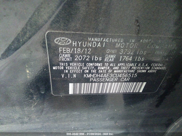 2012 HYUNDAI ELANTRA GLS (ULSAN PLANT) VIN: KMHDH4AE3CU456515