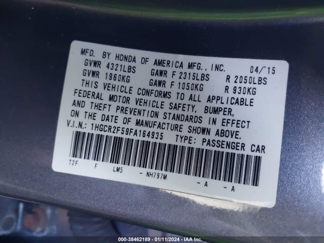 Honda Accord Sport 2015 1HGCR2F59FA164935 Image 9