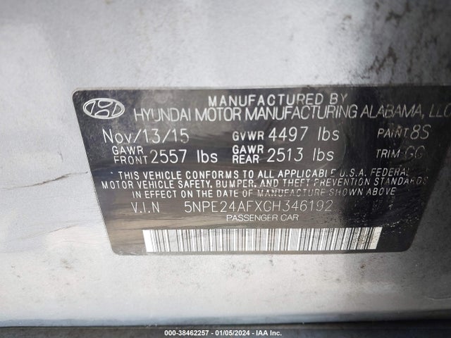 2016 HYUNDAI SONATA SE VIN: 5NPE24AFXGH346192