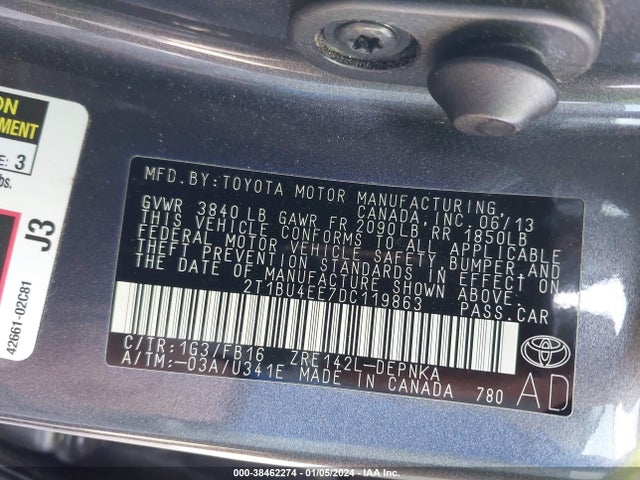 2013 TOYOTA COROLLA LE VIN: 2T1BU4EE7DC119863
