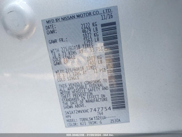 Nissan Rogue Sl 2017 5N1AT2MVXHC747754 Image 9