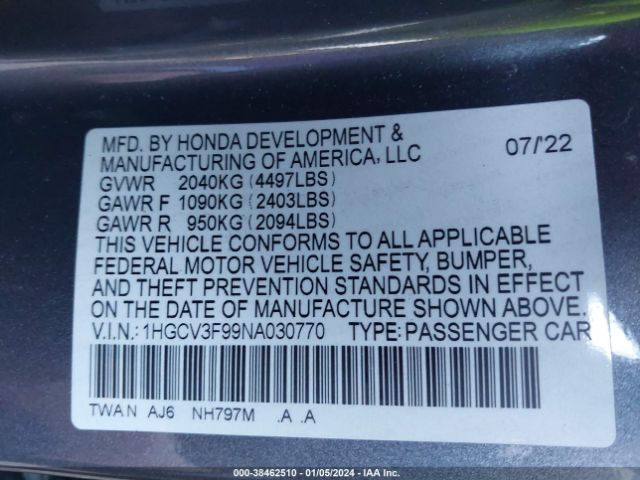 1HGCV3F99NA030770 Honda Accord Hybrid Touring