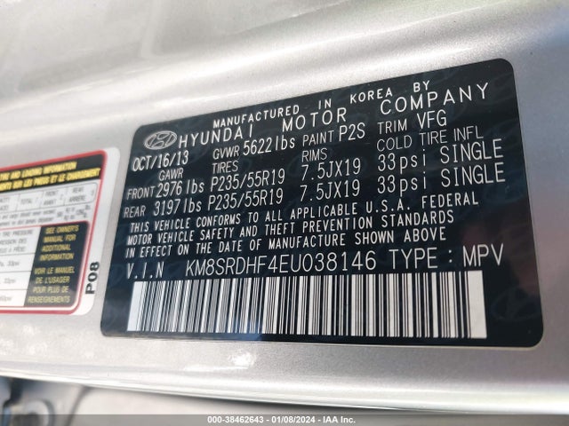2014 HYUNDAI SANTA FE GLS VIN: KM8SRDHF4EU038146