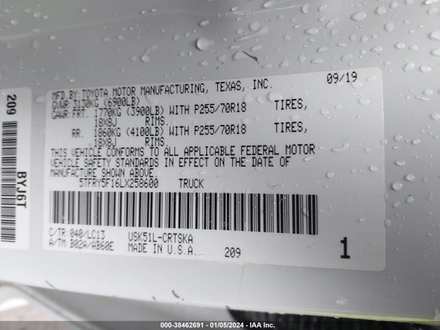 Toyota Tundra Sr 2020 5TFRY5F16LX258600 Image 9