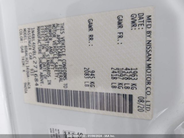 1N4BL4DV8LC271684 Nissan Altima Sv Fwd