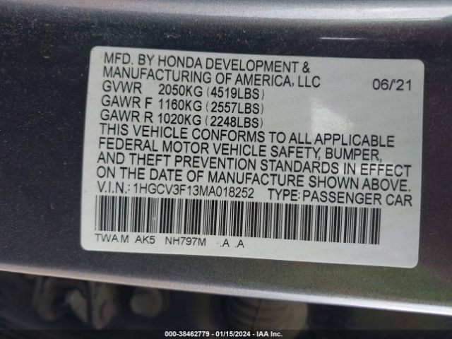 1HGCV3F13MA018252 Honda ACCORD HYBRID