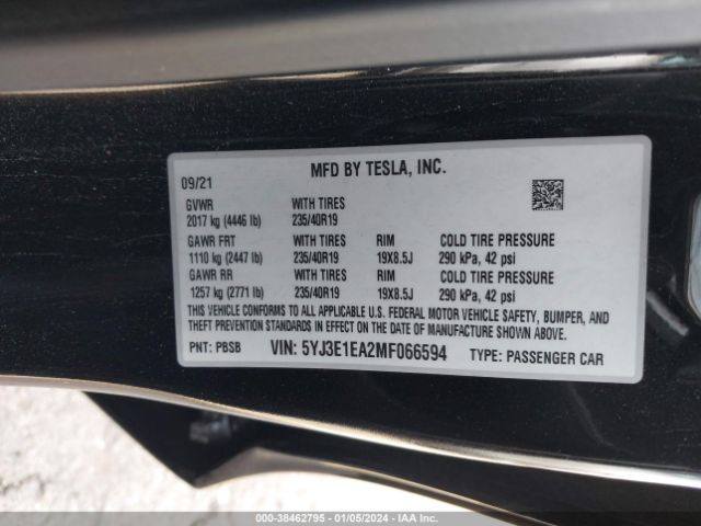 5YJ3E1EA2MF066594 Tesla Model 3 Standard Range Plus Rear-wheel Drive