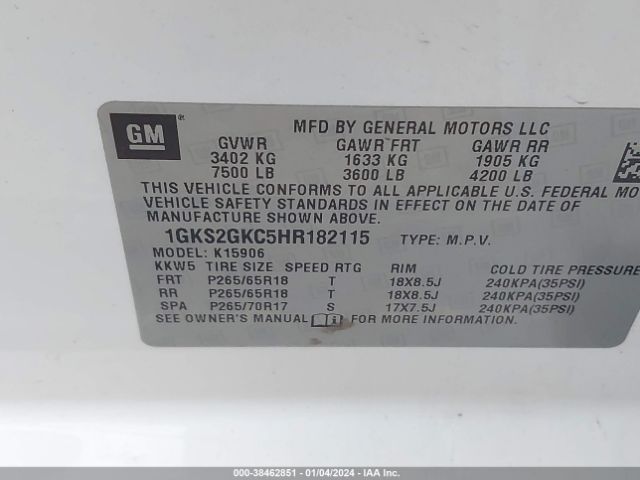 1GKS2GKC5HR182115 GMC Yukon Xl Slt