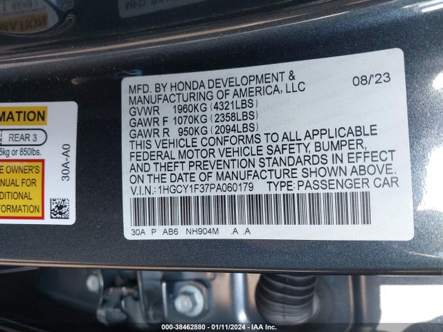 Honda ACCORD EX 2023 1HGCY1F37PA060179 Image 9