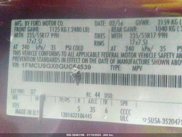 Ford ESCAPE SE 2016 1FMCU9GX0GUC54539 Image 9