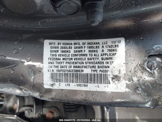 2012 HONDA CIVIC LX VIN: 19XFB2F56CE388639