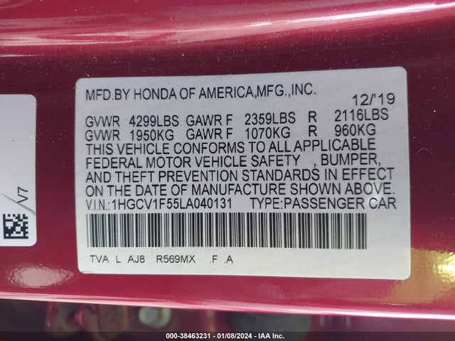 Honda Accord Ex-l 2020 1HGCV1F55LA040131 Image 9