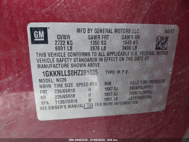 GMC Acadia Sle-2 2017 1GKKNLLS0HZ281835 Image 9