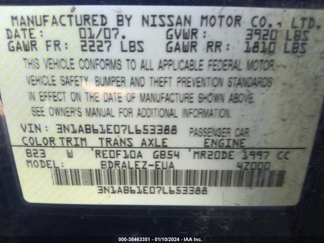 2007 NISSAN SENTRA 2.0S VIN: 3N1AB61E07L653388