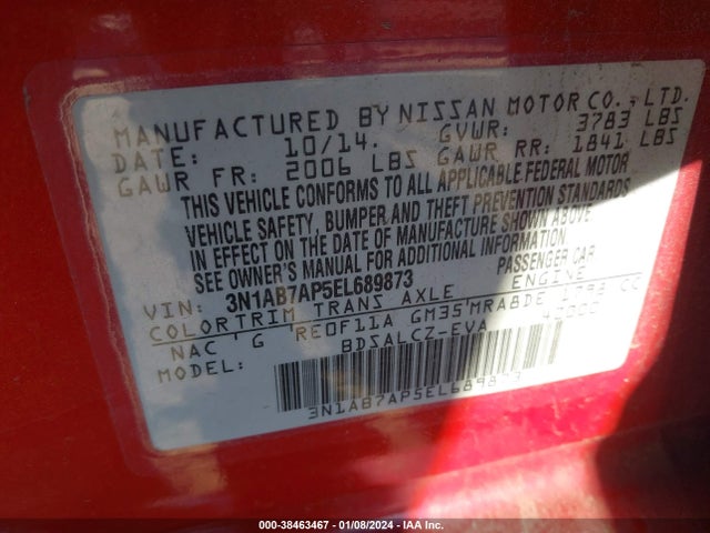 2014 NISSAN SENTRA S VIN: 3N1AB7AP5EL689873