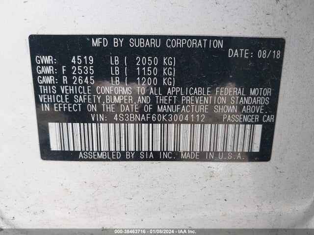 2019 SUBARU LEGACY 2.5I PREMIUM VIN: 4S3BNAF60K3004112