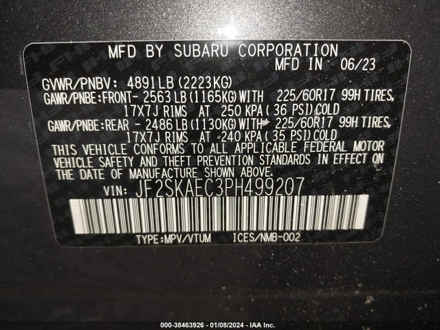 2023 SUBARU FORESTER PREMIUM VIN: JF2SKAEC3PH499207