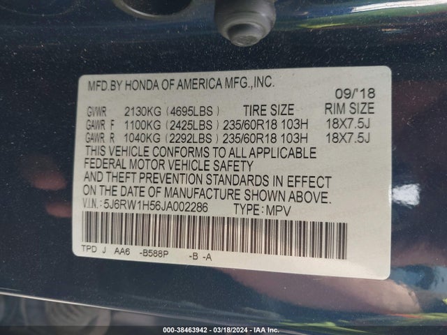 Honda CR-V EX 2018 5J6RW1H56JA002286 Image 9