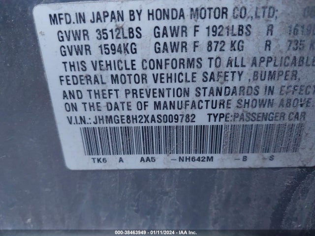 2010 HONDA FIT VIN: JHMGE8H2XAS009782