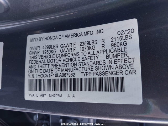 Honda ACCORD LX 2020 1HGCV1F10LA067962 Image 9