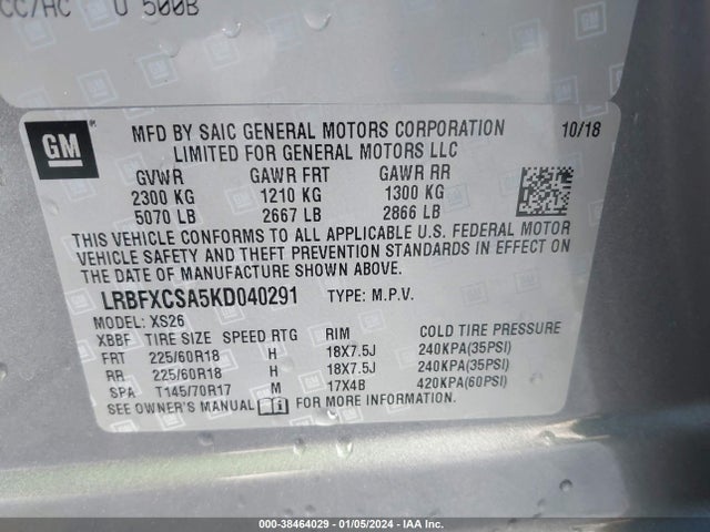 2019 BUICK ENVISION FWD ESSENCE VIN: LRBFXCSA5KD040291