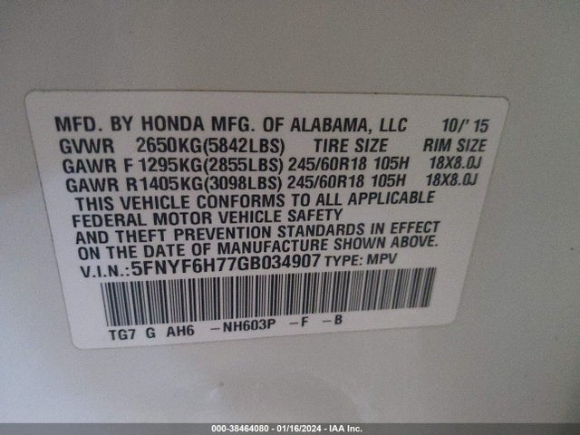 Honda Pilot Ex-l 2016 5FNYF6H77GB034907 Image 9