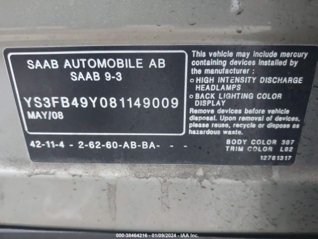 2008 SAAB 9-3 YS3FB49Y081149009 Photo 8