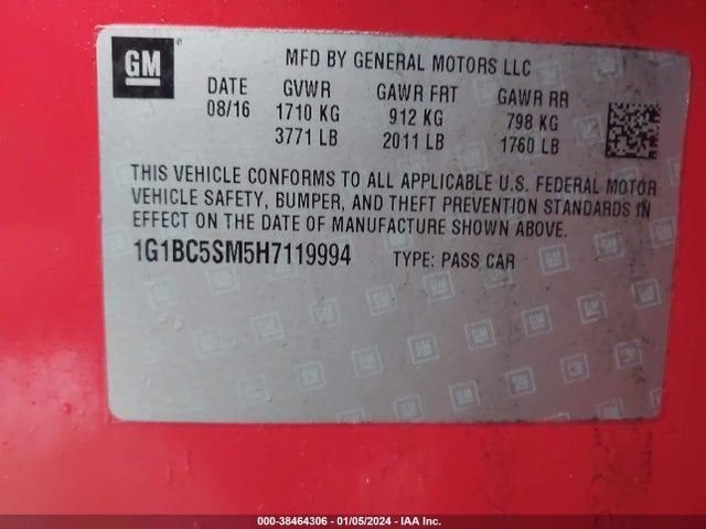 2017 CHEVROLET CRUZE LS AUTO VIN: 1G1BC5SM5H7119994