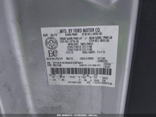 2013 FORD F-150 XLT VIN: 1FTEX1EM5DFC67401