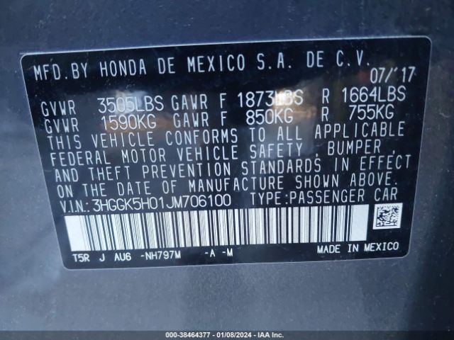 3HGGK5H01JM706100 Honda Fit Ex-l