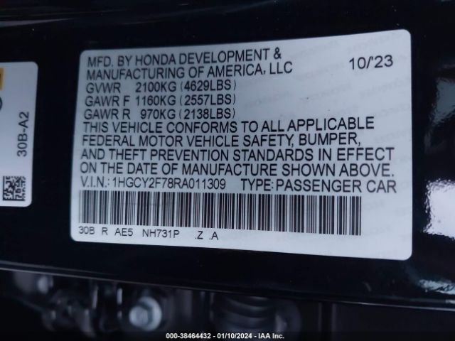 1HGCY2F78RA011309 Honda Accord Hybrid Sport-l