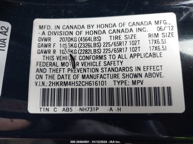 2012 HONDA CR-V EX VIN: 2HKRM4H52CH616101