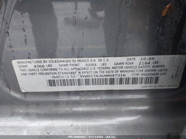2010 VOLKSWAGEN JETTA SE VIN: 3VWRZ7AJ6AM047316