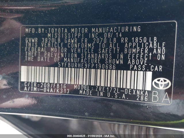 Toyota COROLLA LE 2015 5YFBURHE9FP190686 Image 9
