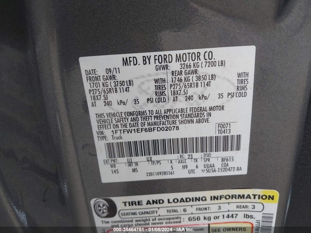 2011 FORD F-150 XLT VIN: 1FTFW1EF6BFD02078