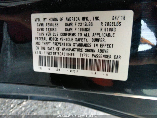 Honda ACCORD EX 2016 1HGCT1B75GA010498 Image 9