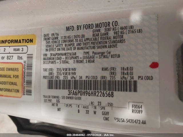 Ford FUSION SE 2017 3FA6P0H96HR226568 Image 9
