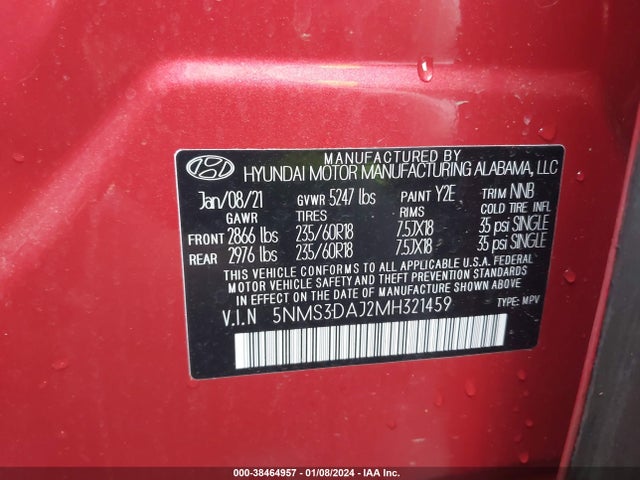 Hyundai Santa Fe Sel 2021 5NMS3DAJ2MH321459 Image 9