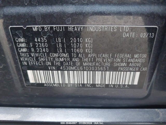 2013 SUBARU LEGACY 2.5I LIMITED VIN: 4S3BMCL61D3035651