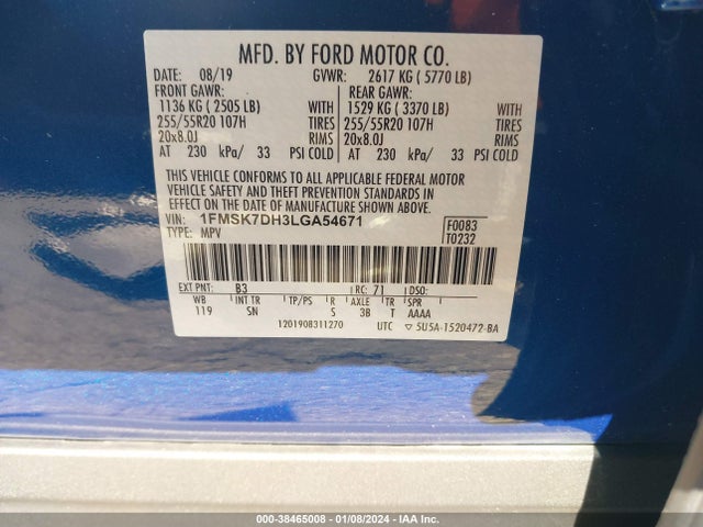 2020 FORD EXPLORER XLT VIN: 1FMSK7DH3LGA54671
